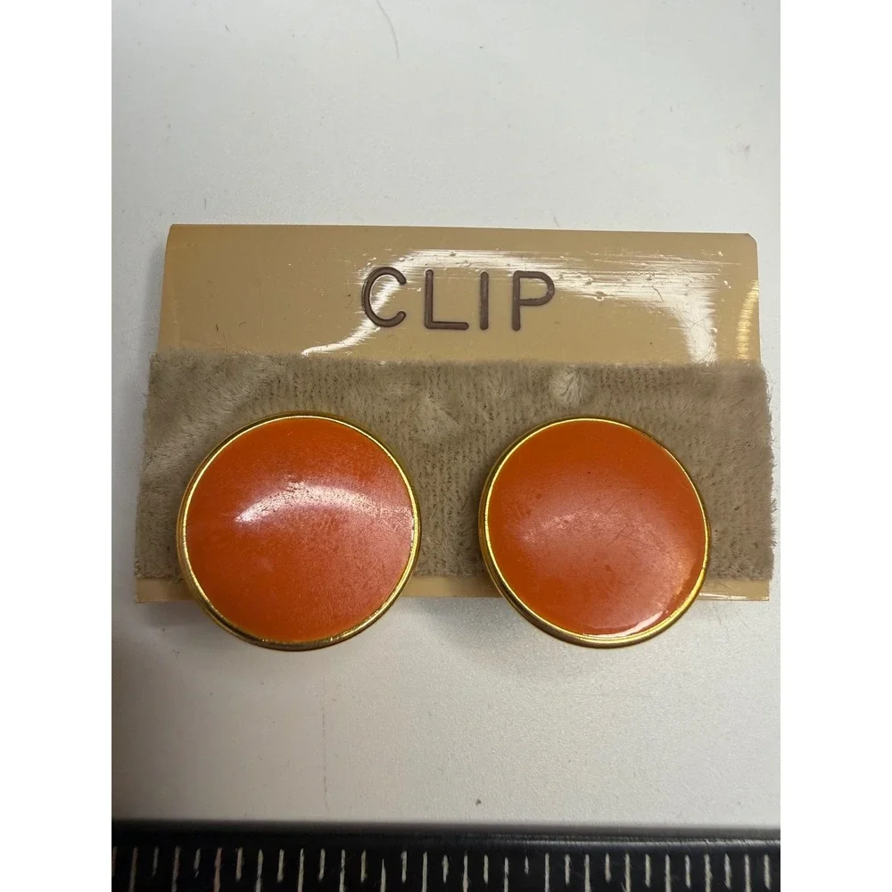 Vintage Orange Enamel Gold Tone Round Clip On Earrings 1 Inch Studs